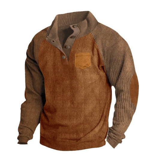 Herren Geripptes Henley‑Pullover mit Raglanärmeln, Ellenbogen‑Patches & Brusttasche EB