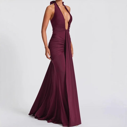 Damen Elegantes Maxikleid mit tiefem V-Ausschnitt und Raffungen EB