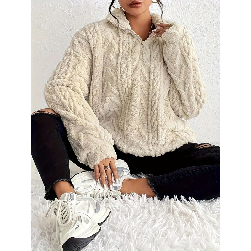 Damen kuscheliger Fleece-Pullover mit hochgeschlossenem Kragen und Reißverschluss EB