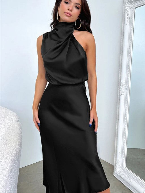 Damen Elegantes Etuikleid mit asymmetrischem Kragen und fließendem Schnitt EB
