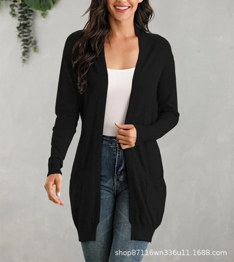 Damen Lange Strickjacke mit offenen Front und praktischen Taschen EB
