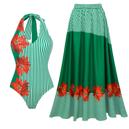 Damen Badeanzug mit entzückendem Rüschendesign und passendem Maxi-Rock EB