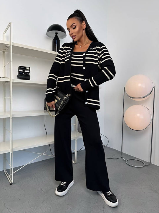 Damen Strick-Loungewear-Set aus Feinripp mit Button-Cardigan, Spaghetti-Top und weitem Jogger EB
