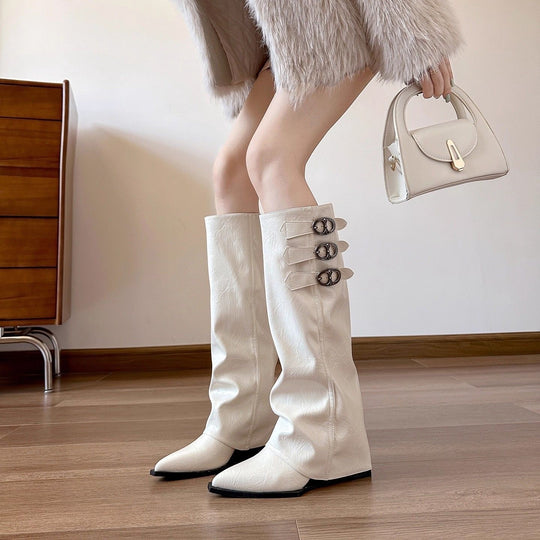 Damen Überknie Stiefel mit modischen Schnallen und hochwertigem Leder EB
