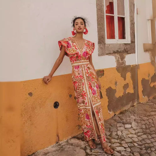 Damen Maxikleid mit farbenfrohem floralem Muster und Volantärmel EB