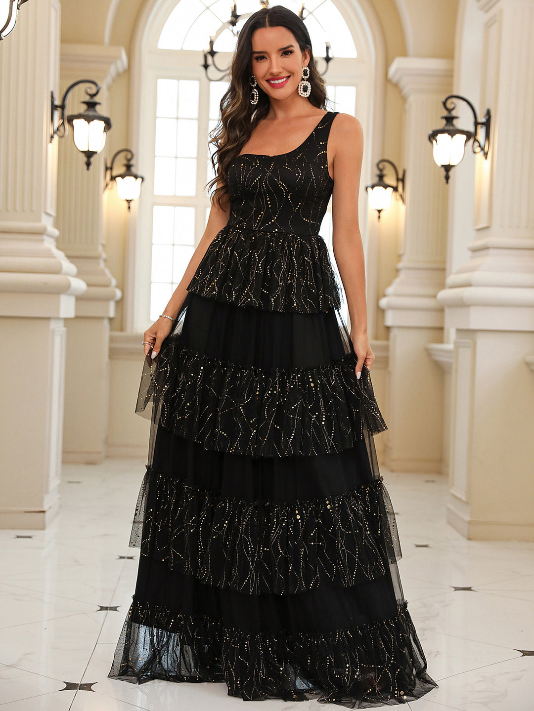 Damen Elegantes Schichtkleid mit Glitzerakzenten und Tülldetails EB