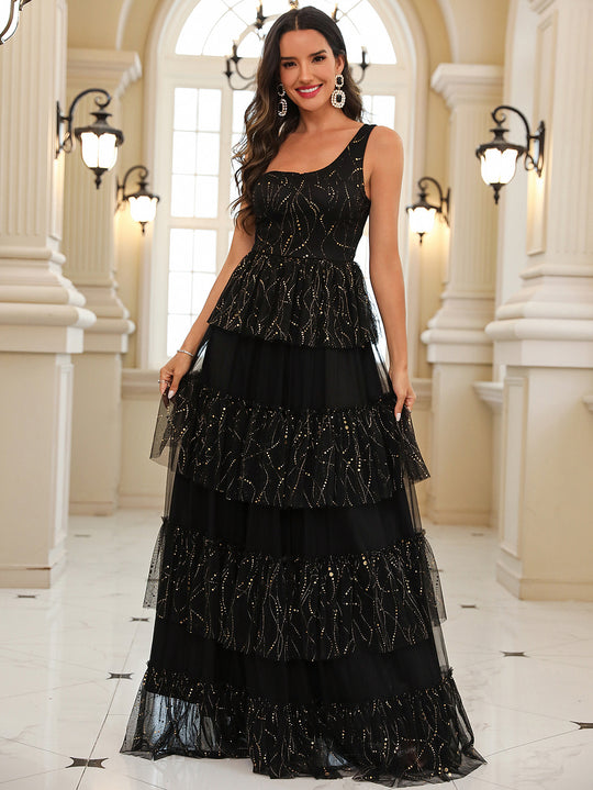 Damen Elegantes Schichtkleid mit Glitzerakzenten und Tülldetails EB
