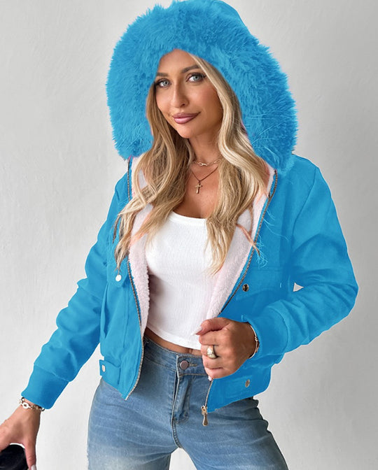 Damen Kurzblouson Winterjacke mit Teddyfutter und abnehmbarer Kunstfellkapuze EB