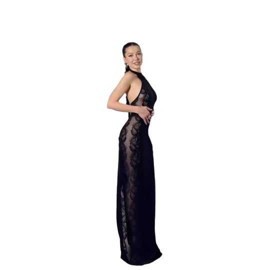Damen Elegantes Spitzenkleid mit hohem Kragen und seitlichem Schlitz EB