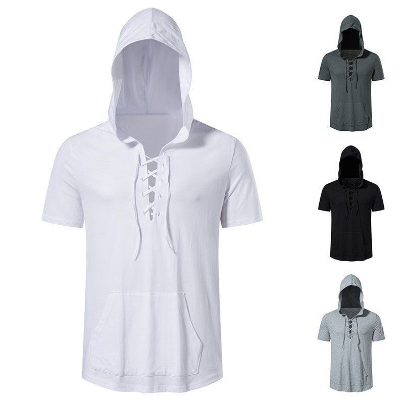 Herren Kurzarm-Hoodie mit lässigem Lacing-Design und praktischer Kängurutasche EB