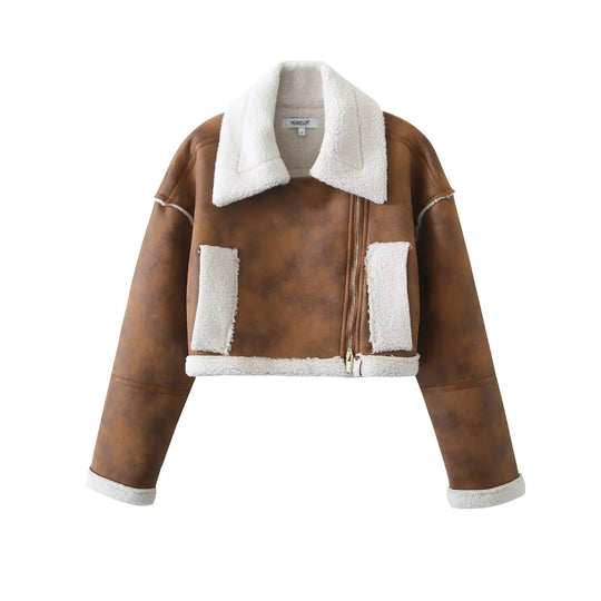 Damen cropped Kunstlederjacke mit kuscheligem Teddyfutter und praktischen Taschen EB