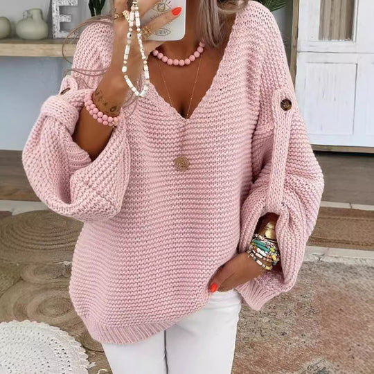 Damen lässiger Strickpullover mit tiefem V-Ausschnitt und weitem Schnitt EB