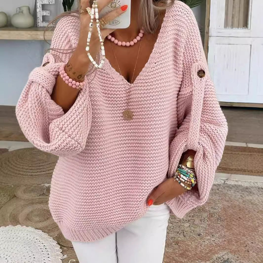 Damen V-Ausschnitt Strickpullover mit weitem Schnitt EB