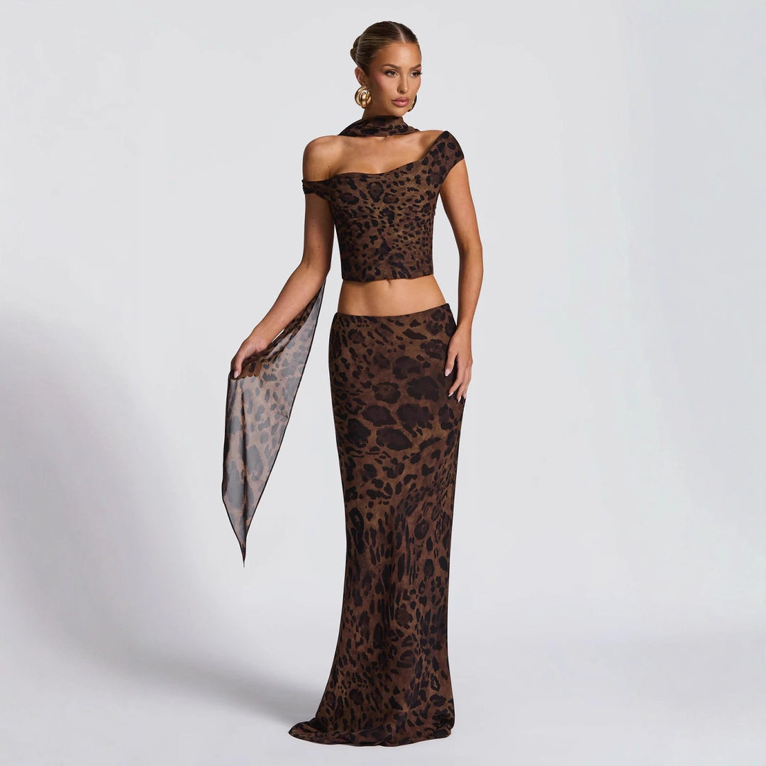 Damen Elegantes Set aus Crop-Top und Maxirock mit Leopardenmuster EB