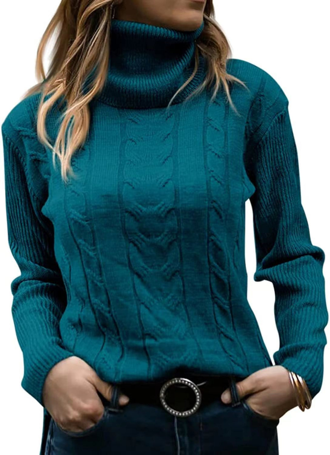 Damen Strickpullover mit Stehkragen und Zopfmuster EB