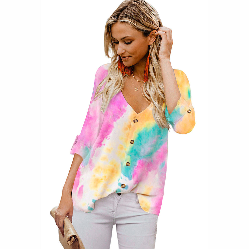 Damen Lässige Bluse mit buntem Farbverlauf und umschlagbaren Ärmel EB