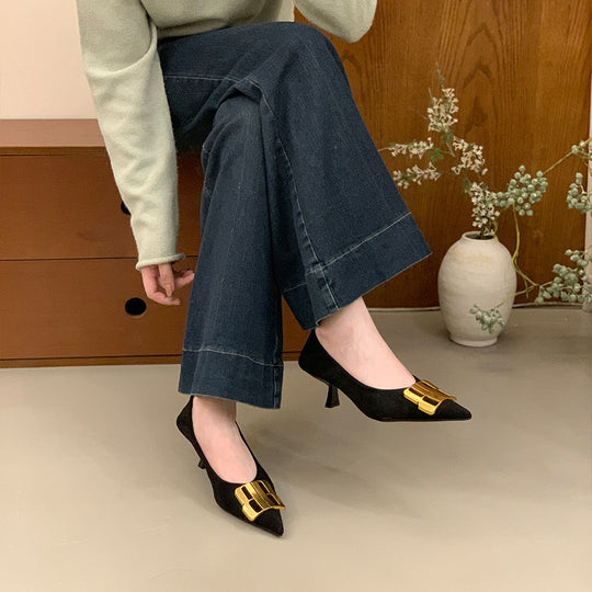 Damen elegante Slingback Pumps mit goldener Schnallenverzierung EB