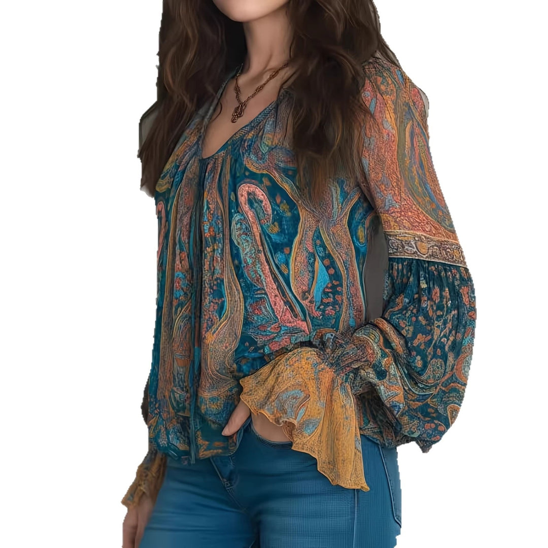 Damen Boho-Chic Bluse mit geflammten Ärmeln und V-Ausschnitt EB