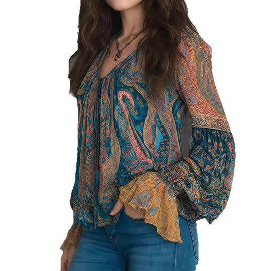 Damen Boho-Chic Bluse mit geflammten Ärmeln und V-Ausschnitt EB