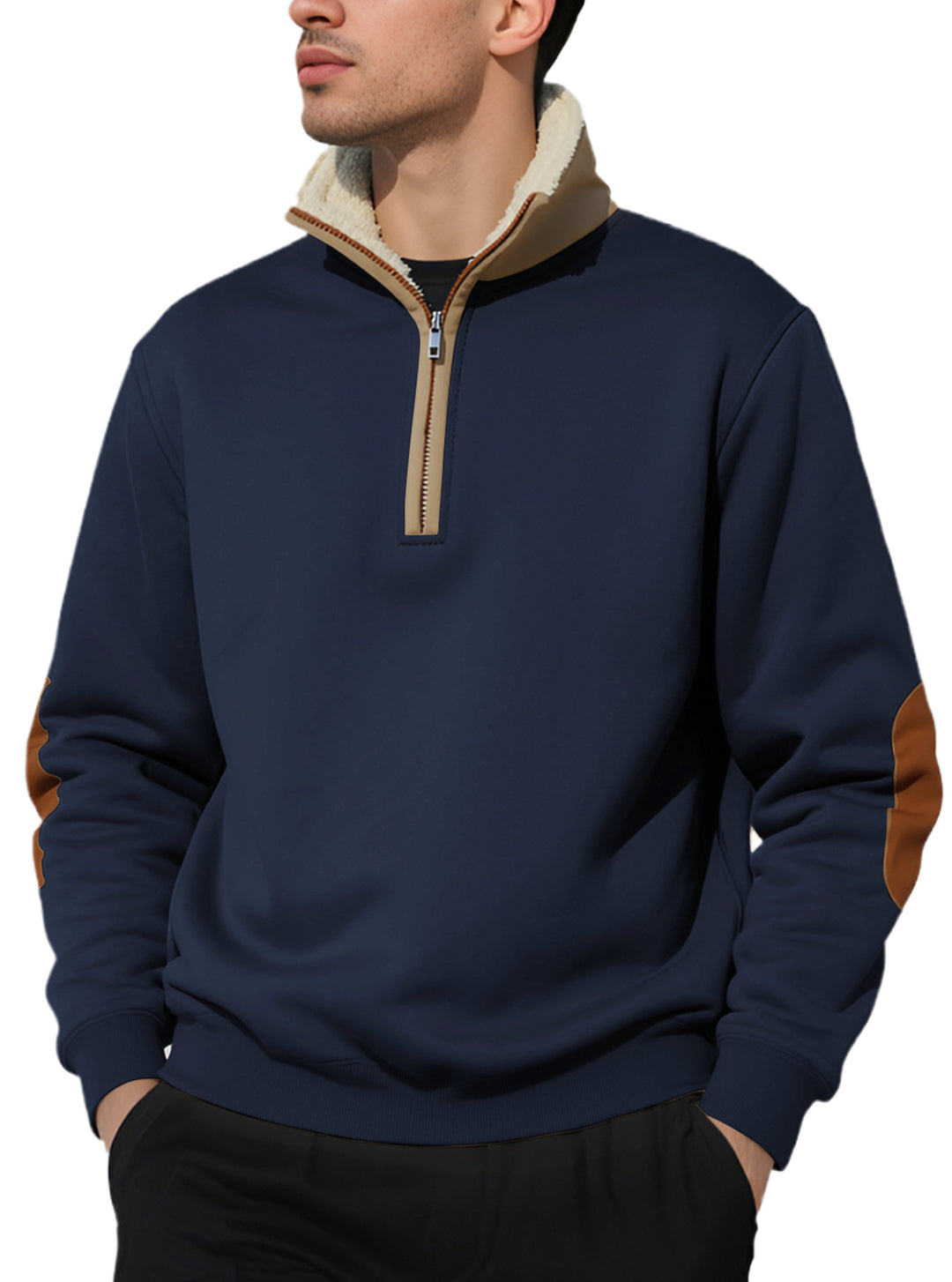 Herren nan legeres Halbzip-Sweatshirt mit Sherpagefüttertem Stehkragen und Kunstleder-Ellenbogenapplikation EB