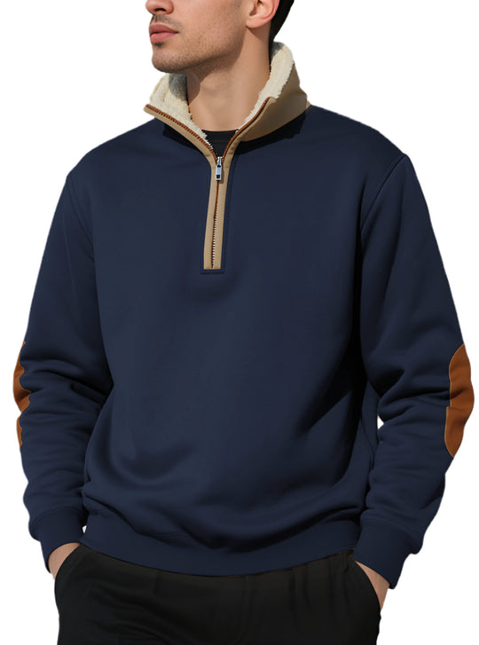 Herren nan legeres Halbzip-Sweatshirt mit Sherpagefüttertem Stehkragen und Kunstleder-Ellenbogenapplikation EB