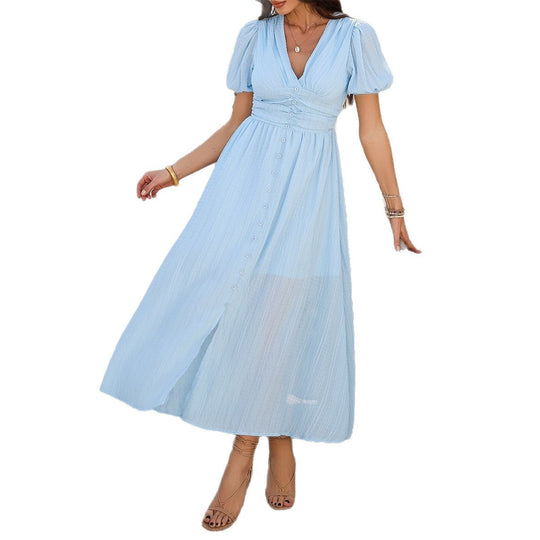 Damen Maxikleid mit V-Ausschnitt und luftigen Puffärmeln EB