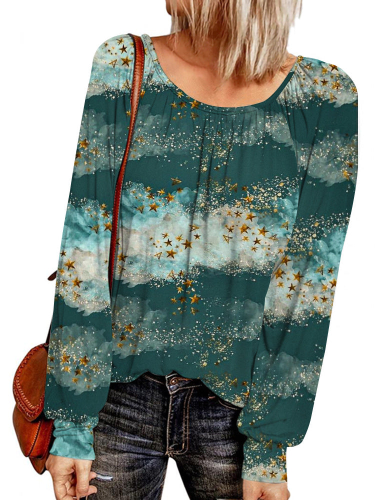Damen Ethno-Print Oversize-Tunika mit Rundhalsausschnitt und langen Ballonärmeln EB