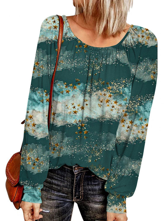 Damen Ethno-Print Oversize-Tunika mit Rundhalsausschnitt und langen Ballonärmeln EB
