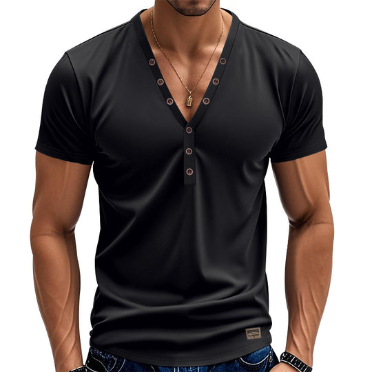 Herren nan tailliertes Kurzarm-Henleyshirt aus Baumwoll-Elasthan mit tiefem V-Ausschnitt und dekorativer Knopfleiste EB