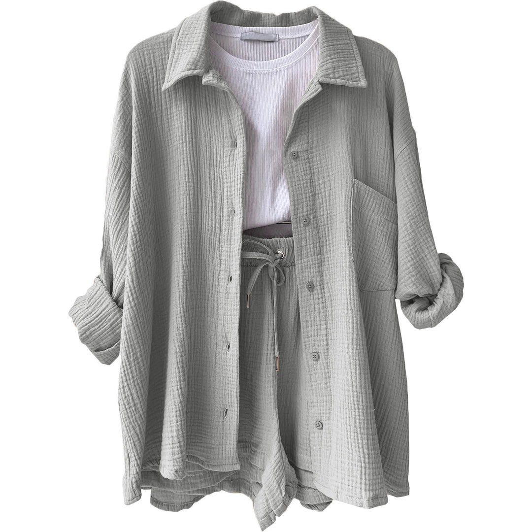 Damen nan lässiges oversized Hemd und Shorts Set mit Brusttasche Kordelbund und gerauter Baumwollstruktur EB