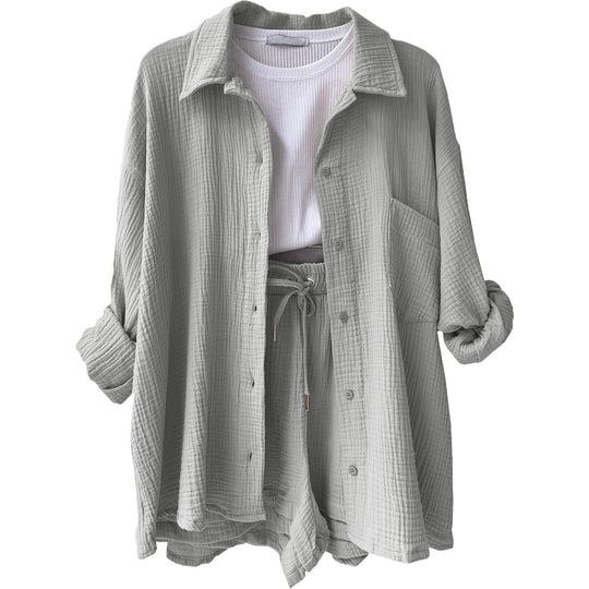 Damen nan lässiges oversized Hemd und Shorts Set mit Brusttasche Kordelbund und gerauter Baumwollstruktur EB