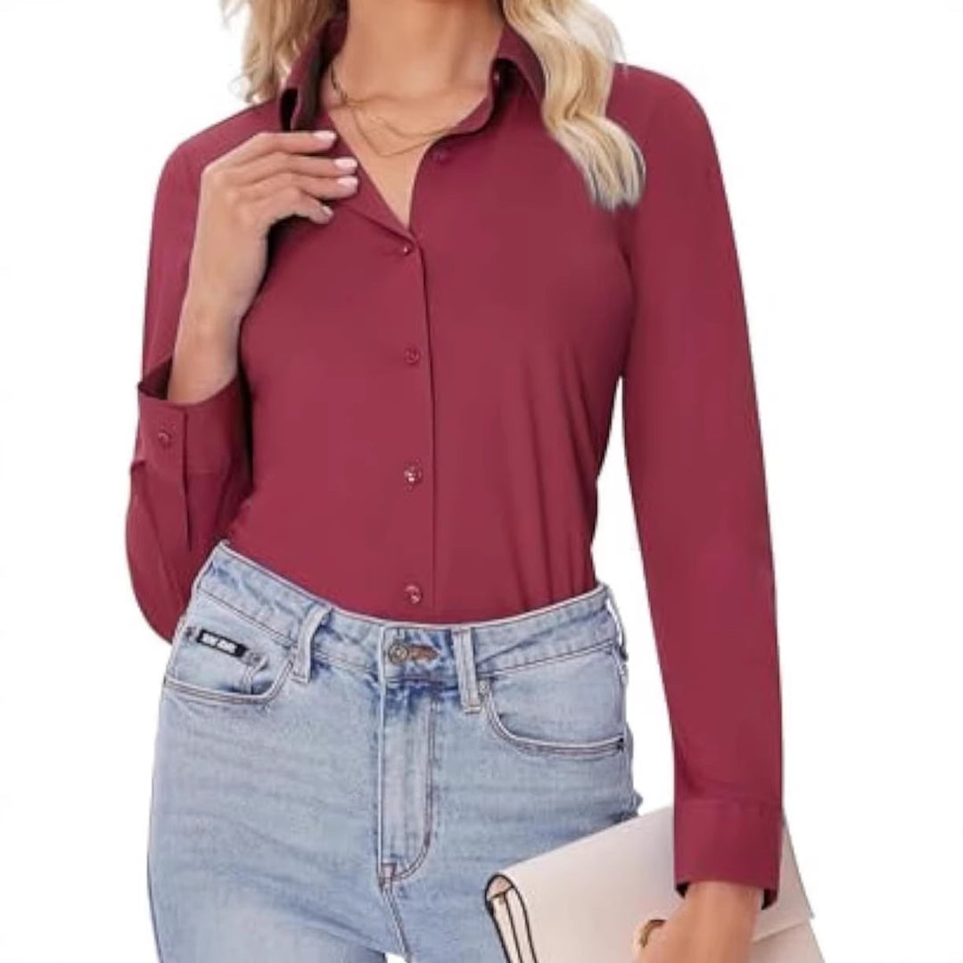 Damen Klassische Viskose-Stretch Hemdbluse mit Kentkragen und Manschetten EB