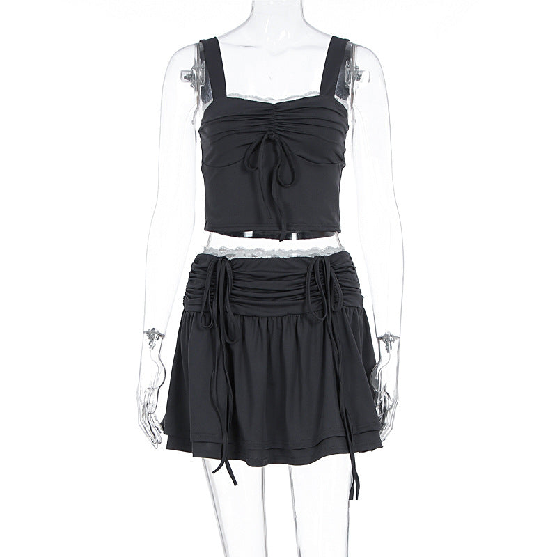 Damen modisches Crop-Top und Rock Set mit Raffungen und Bindedetails EB