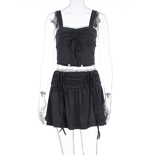 Damen modisches Crop-Top und Rock Set mit Raffungen und Bindedetails EB