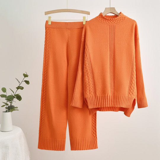 Damen komfortables Strick-Loungewear-Set mit hohen Bündchen und dekorativen Zopfmustern EB