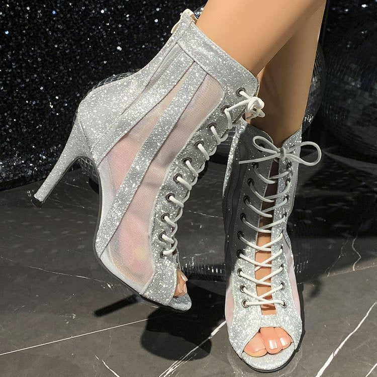 Damen Glitzernde High-Heels mit transparentem Netzdesign und eleganter Schnürung EB