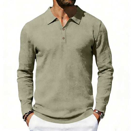 Herren nan Langarm-Poloshirt aus Leinen mit Henley-Knopfleiste und Kentkragen EB