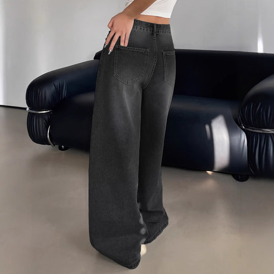 Damen Weite Denim-Hose mit hohem Bund und bequemer Passform EB