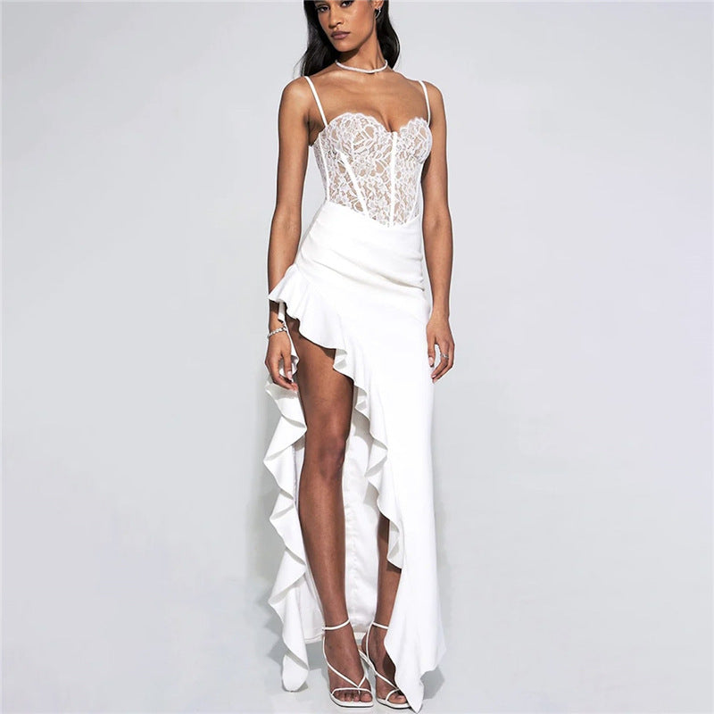 Damen elegantes Spitzen-Maxikleid mit raffinierten Drapierungen EB