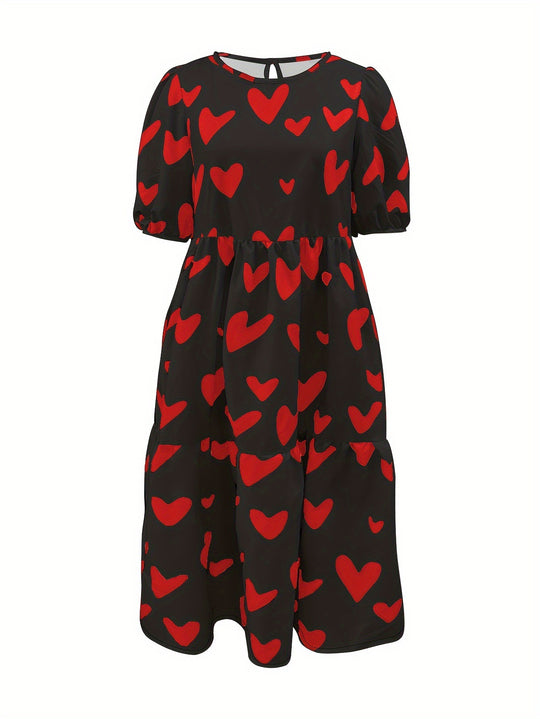 Damen Minikleid mit modernem Herzmuster und luftigen Ärmeln EB