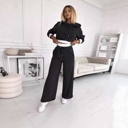 Damen nan Cropped Kapuzenpullover und weite taillenhohe Jogginghose Set EB