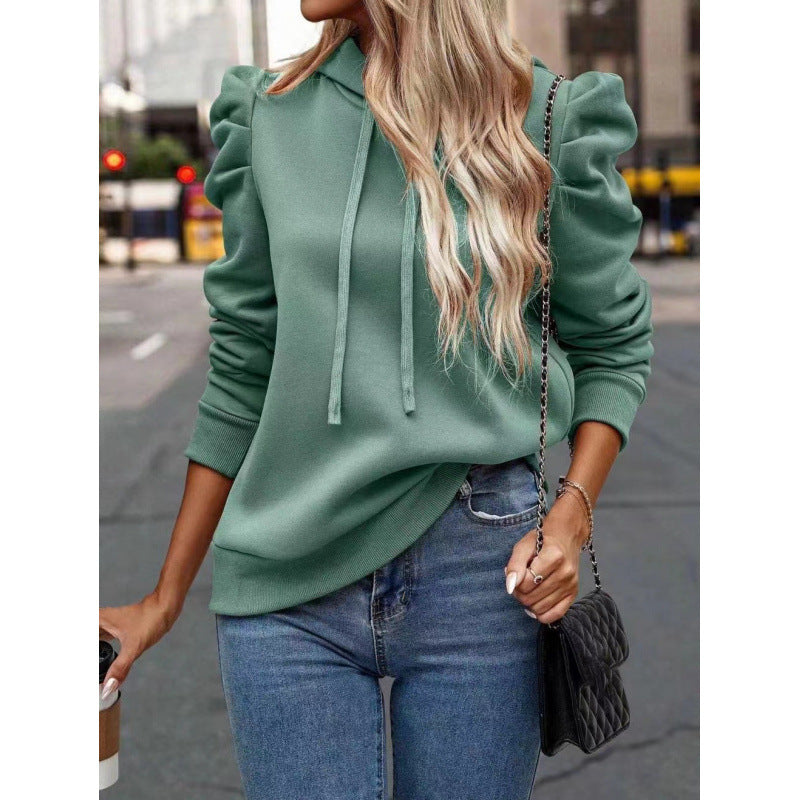 Damen modischer Kapuzenpullover mit Puffärmeln und praktischen Taschen EB