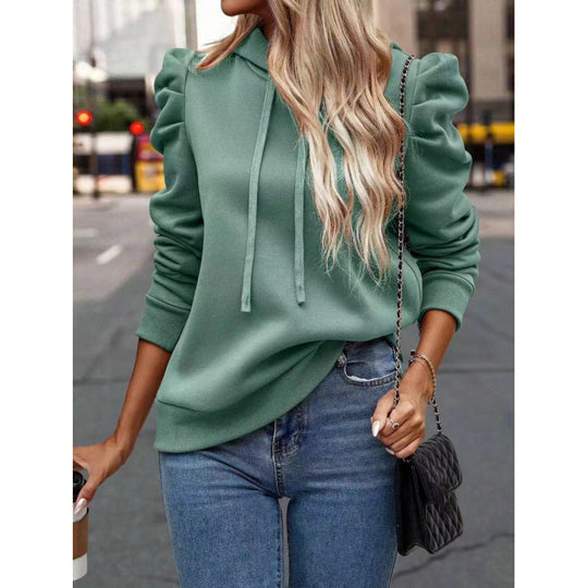 Damen modischer Kapuzenpullover mit Puffärmeln und praktischen Taschen EB