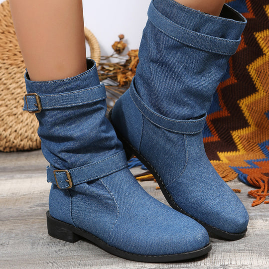 Damen Stiefeletten mit modischem Falten-Design und verstellbarem Riemen EB