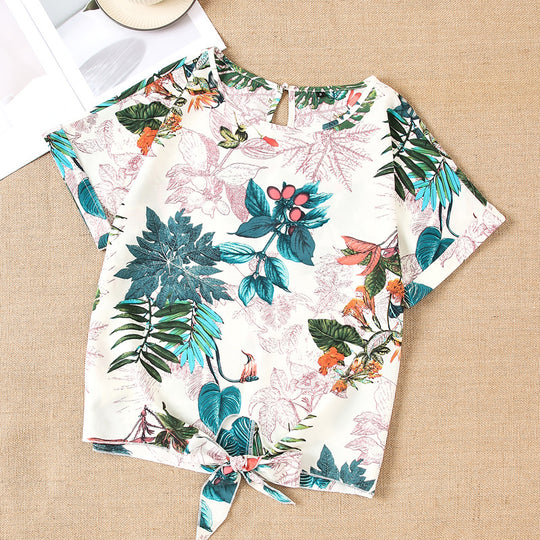Damen Kurzarmbluse mit floralem Design und knotbarem Saum EB