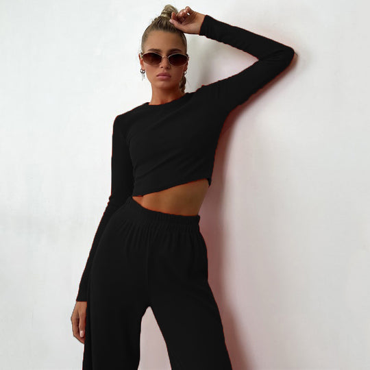 Damen geripptes Cropped-Langarmshirt mit taillenhoher Wide-Leg Loungehose Set EB