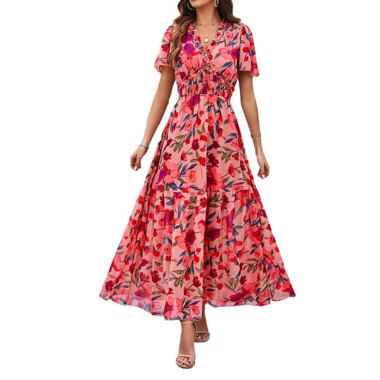 Damen Midi-Kleid mit floraler Raffung und elegantem V-Ausschnitt EB