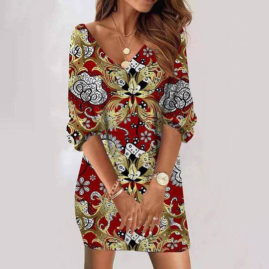 Damen Freizeitkleid mit verspieltem Camouflage-Muster und V-Ausschnitt EB