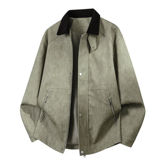 Herren Oversized Lederimitat-Harringtonjacke mit Cordkragen und verdecktem Zwei-Wege-Reißverschluss EB