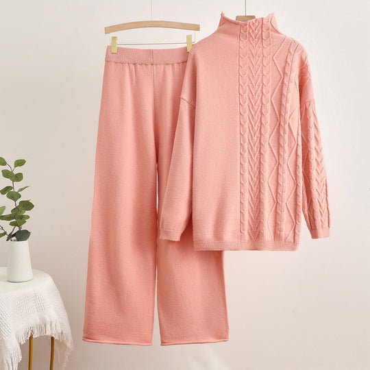 Damen gemütliches Strick-Loungewear-Set mit hochgeschlossenem Kragen EB